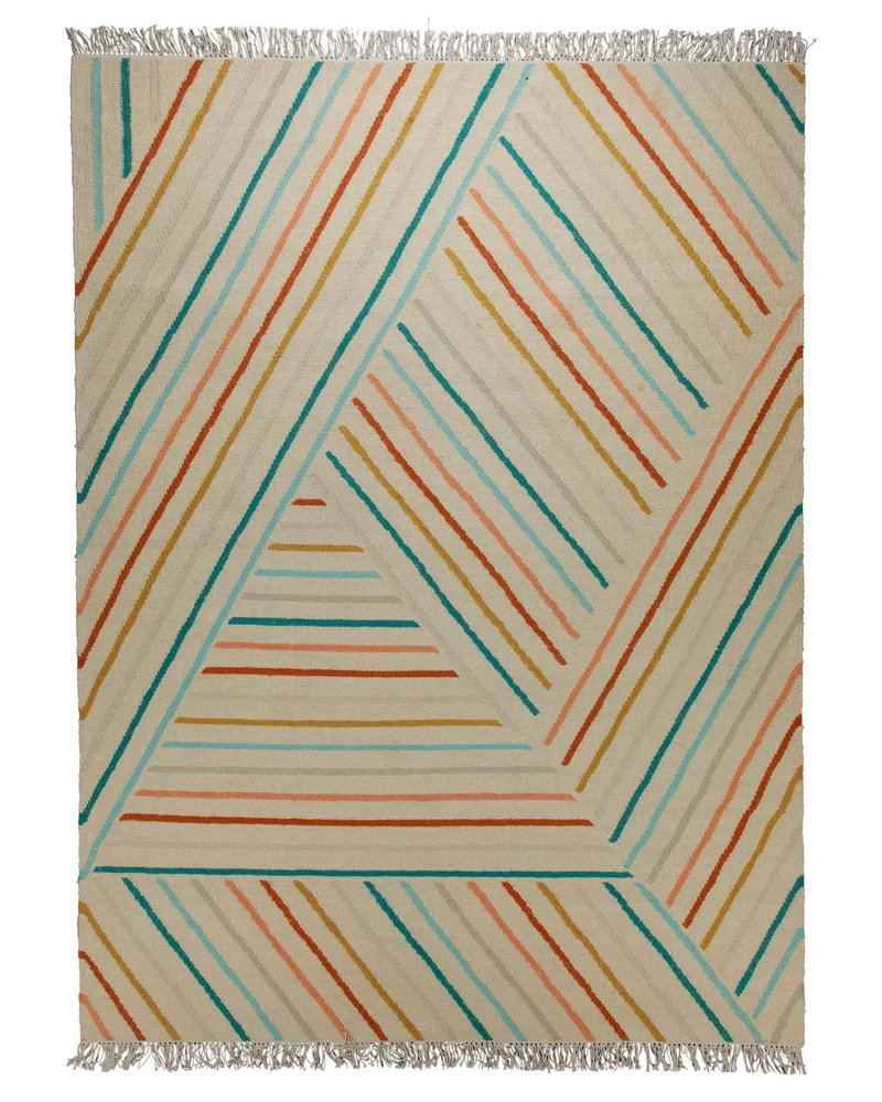 Handwebteppich Wolle Diagonallinien bunt creme 160x230 cm
