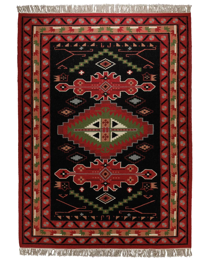 Handwebteppich Wolle Kelim Medaillon schwarz rot 160x230 cm