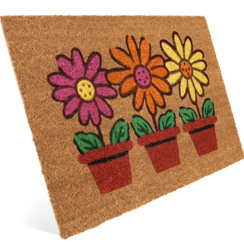 Fussmatte aus Kokos mit drei bunte Blumen in Töpfen