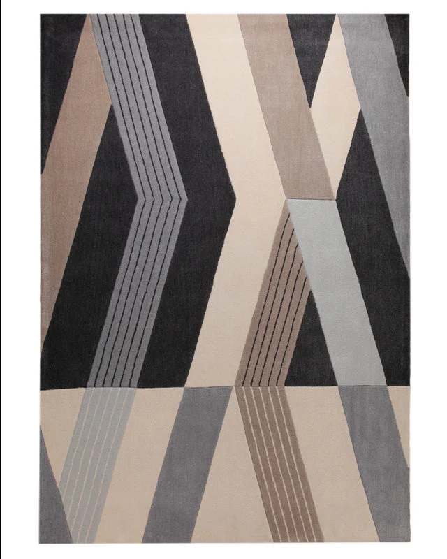 Grafit und Sand - Handtuft mit Zickzack-Bändern 160 x 230 cm