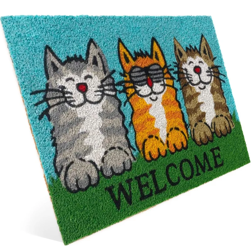 Entrando Fussmatte aus Kokos mit grinsenden Katzen Motiv & Welcome