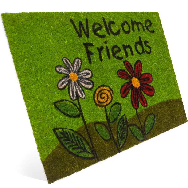 Fußmatte aus Kokos mit Blumen Motiv & Welcome Friends Aufschrift