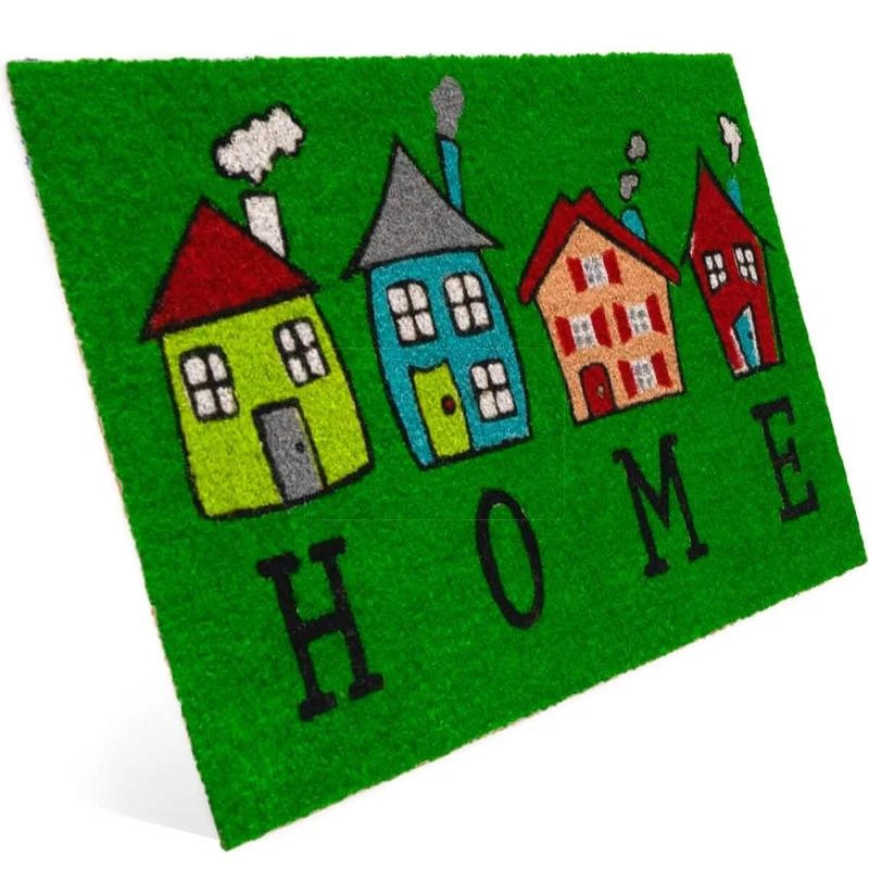 Fussmatte aus Kokos mit Motiv aus bunten Häuser & Home Aufschrift