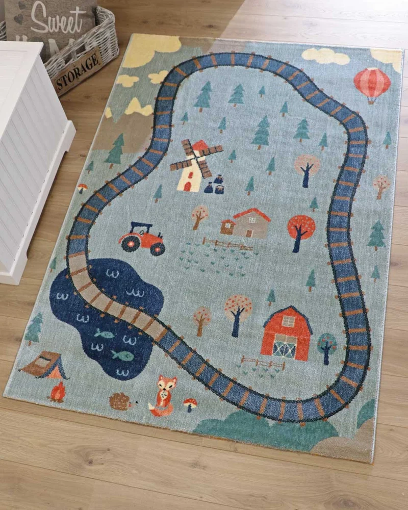 Kinderteppich "Abenteuer Eisenbahn" grün/blau