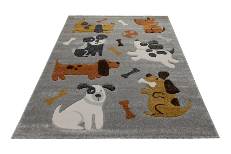 160x230 Teppich Kinderzimmer Grau Hunde Braun Weiß