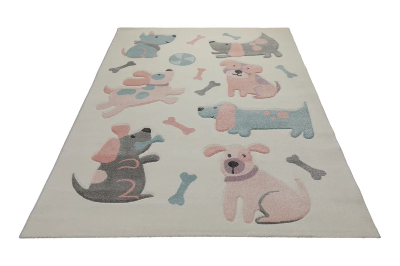 160x230 Teppich Kinderzimmer Beige Hunde Pink Blau