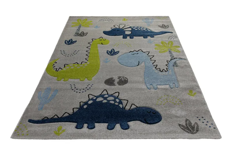 160x230 Teppich Kinderzimmer Grau Beige Dinos Blau Grün