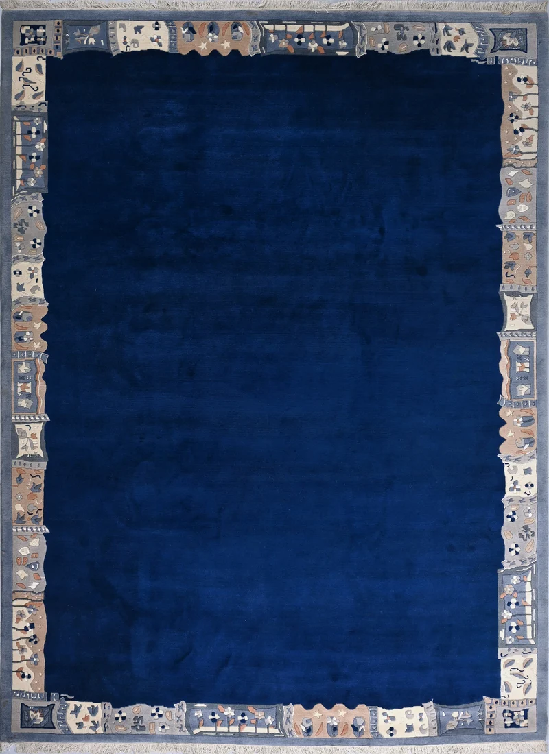 Handgeknüpfter Tibet Teppich in blau mit Retro-Bordüre – Neuwertig