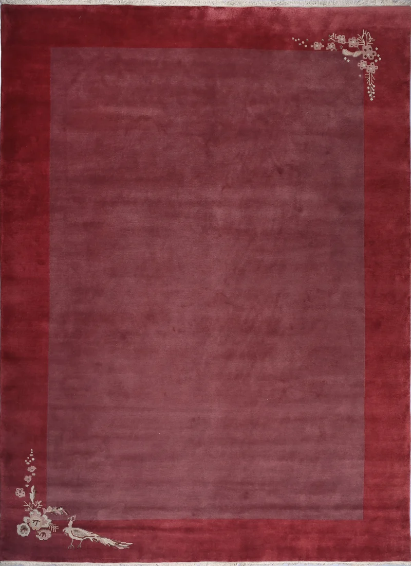 Handgeknüpfter Tibeter Teppich in red berry mit Retro Bordüre – Neuwertig