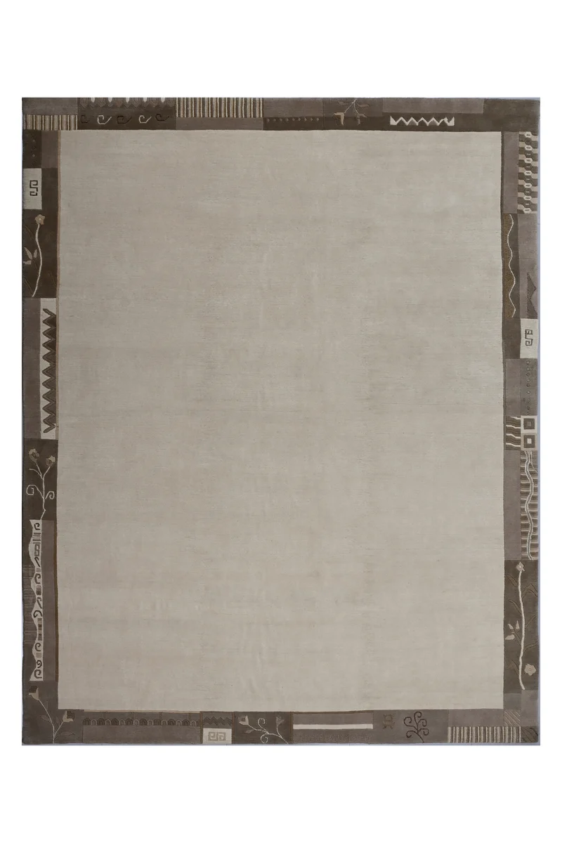Handgeknüpfter Tibet Teppich in beige mit Retro Bordüre – Neuwertig