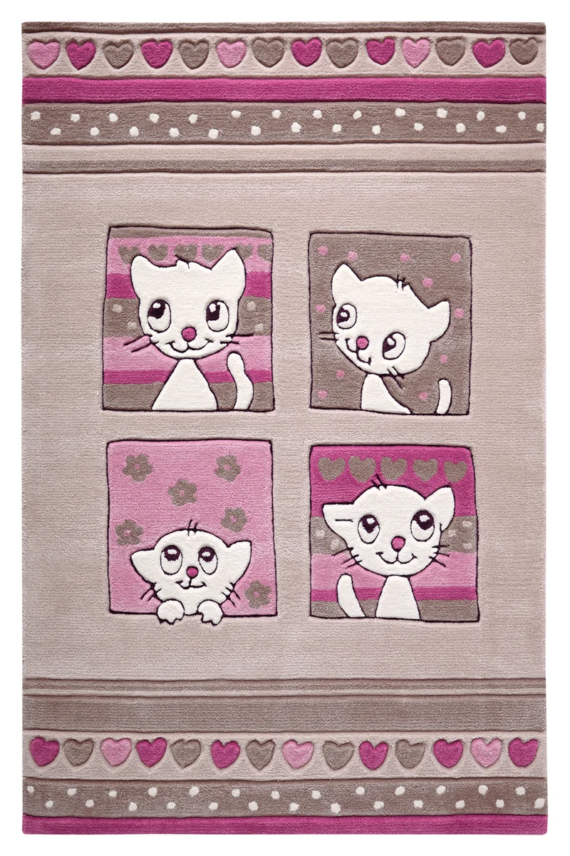 Handgearbeiteter Kinderzimmer Teppich beige rosa "Kitty Kat"