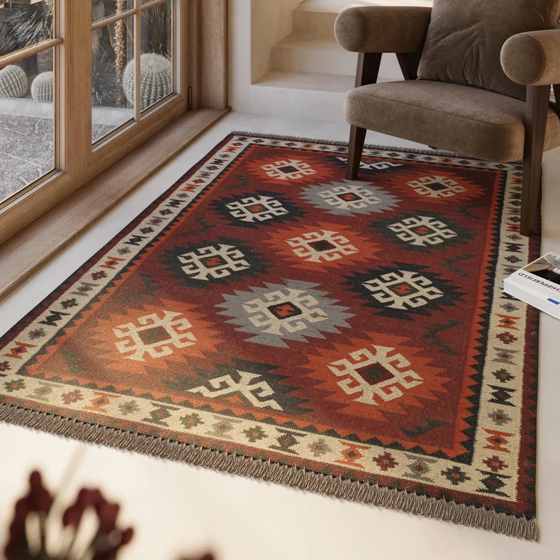 Kelim Teppich Rot aus Wolle "Blancard" Green Looop